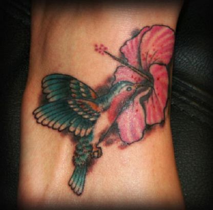 Hummingbird And Hibiscus Flower Pic Tattoo On Feet